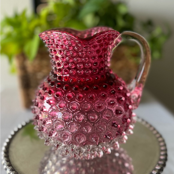 Vintage Cranberry Hobnail Large Pitcher & Dew Drop Glass Bowl | 1950s - Picture 3 of 16